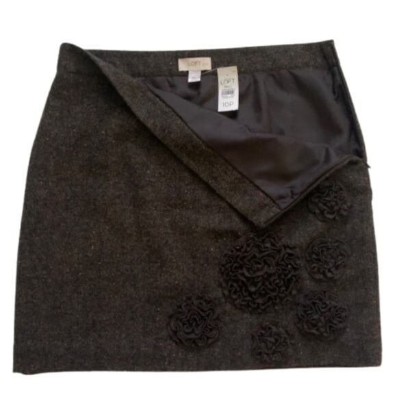 Ann Taylor Loft Skirt Brown Floral Rosette Detail Wool Blend Mini Size 10P NEW - Picture 3 of 11